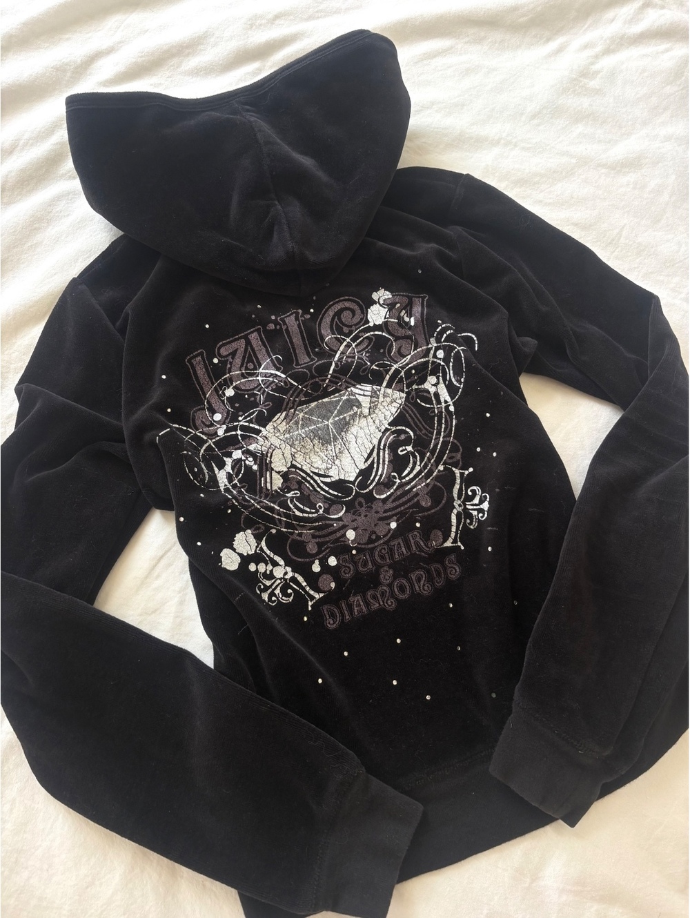 Y2K RARE Juicy Couture Black Velour Rhinestone Graphic, Full Zip, and